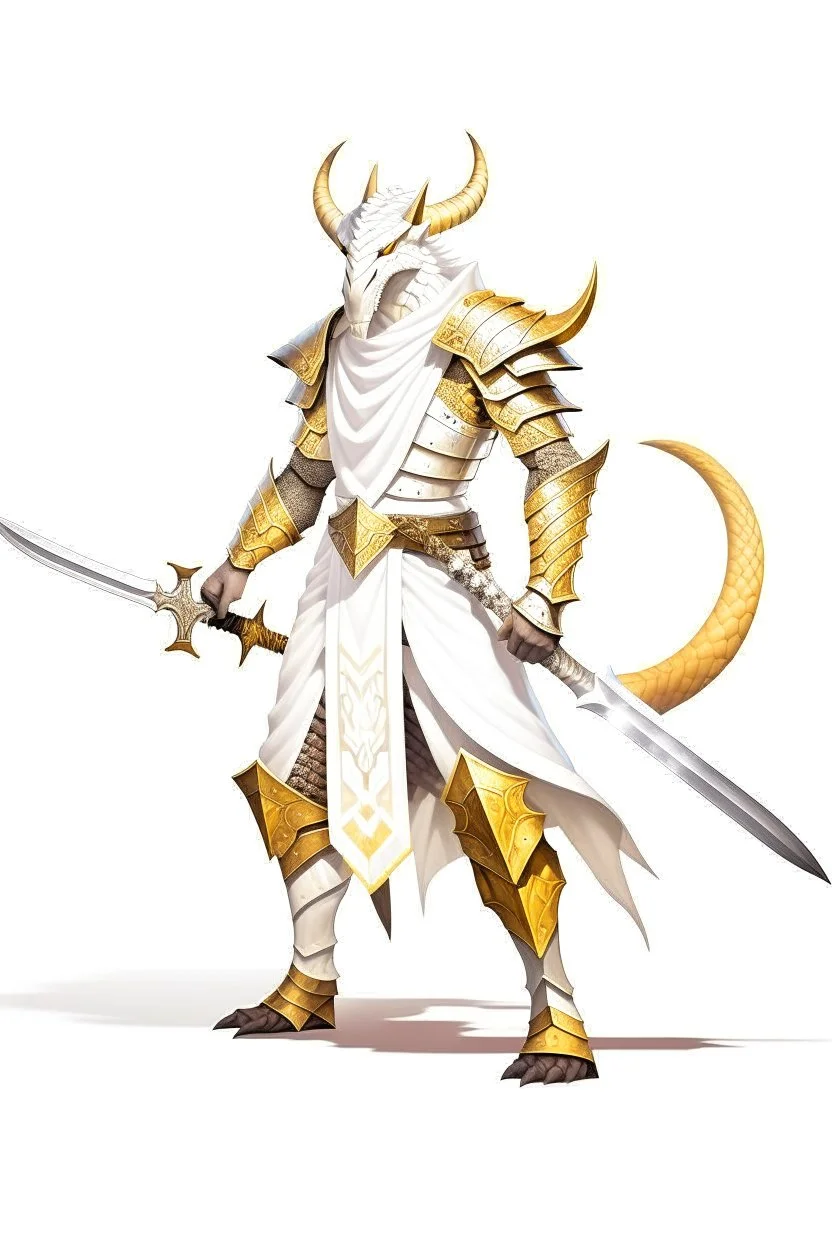 Full Body, White Dragonborn, Monk Knight, Fighter Pose, White and Gold outfit colour theme