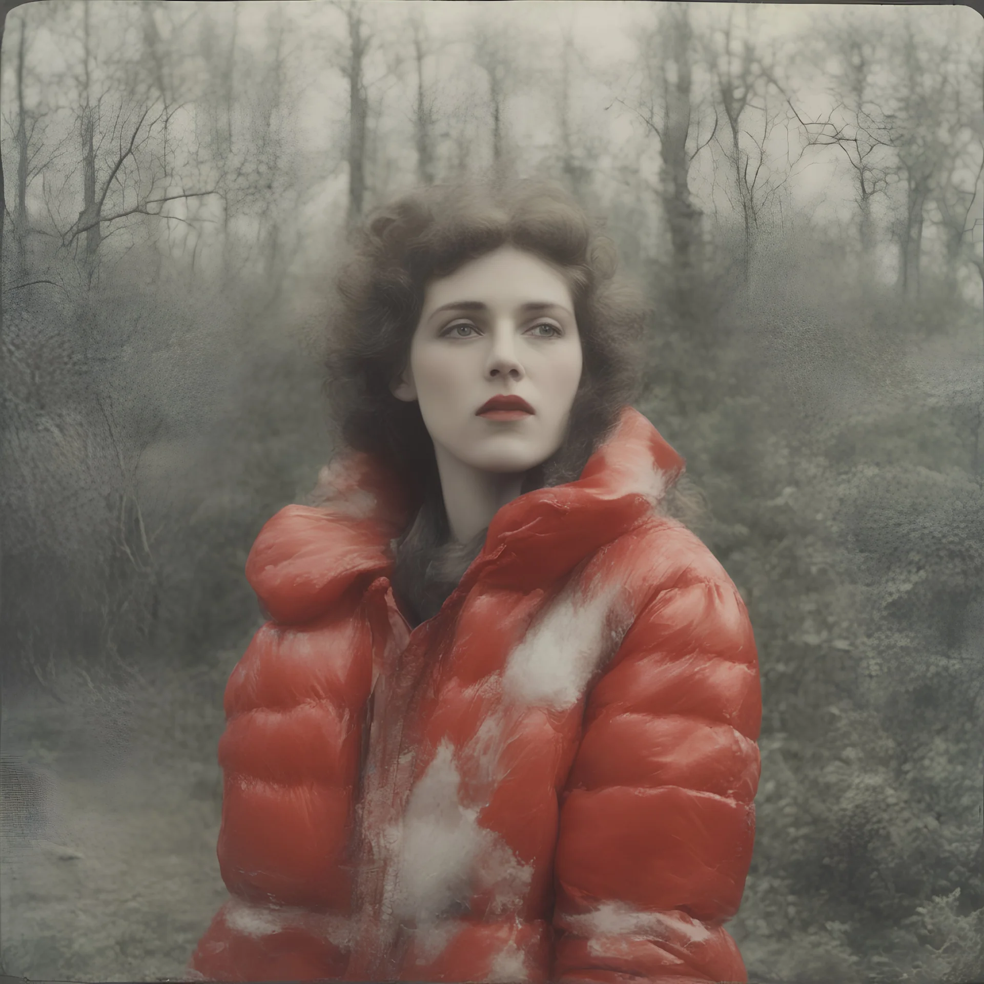 French singer Barbara,red, autochrome, plastic puffy jacket