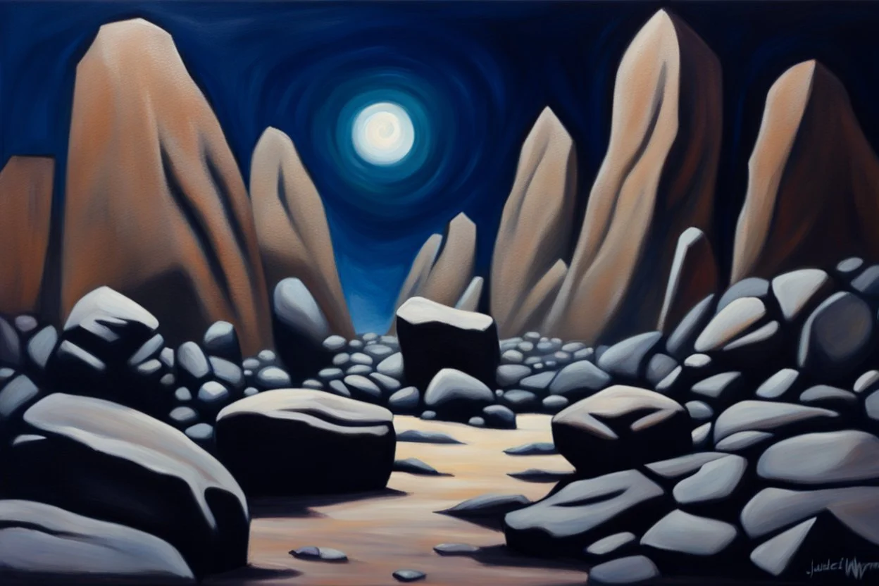 Rocks, night, 2000's sci-fi movies influence, juliette wytsman impressionism painting