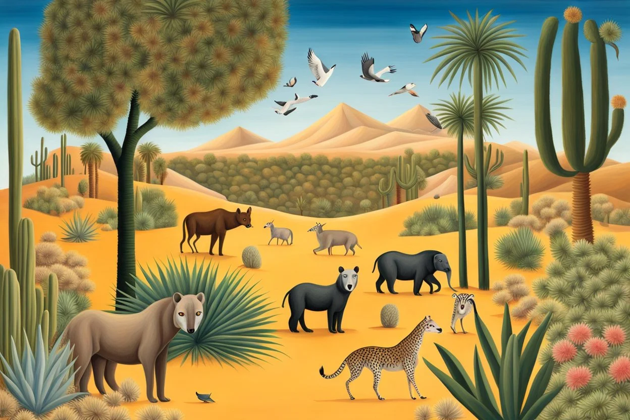 A desert oasis with animals by artist "Henri Rousseau",by artist "Kerfluffle"