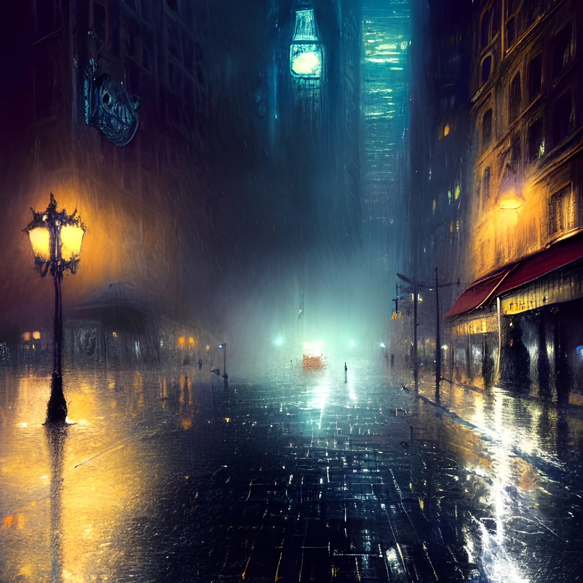 nighttime in gotham city, wet pavement, street level view, light mist, fantasy, intricate, elegant, digital painting, trending on artstation, concept art, soft focus, illustration by greg rutkowski, Gaston Bussiere and artgerm, 4k.