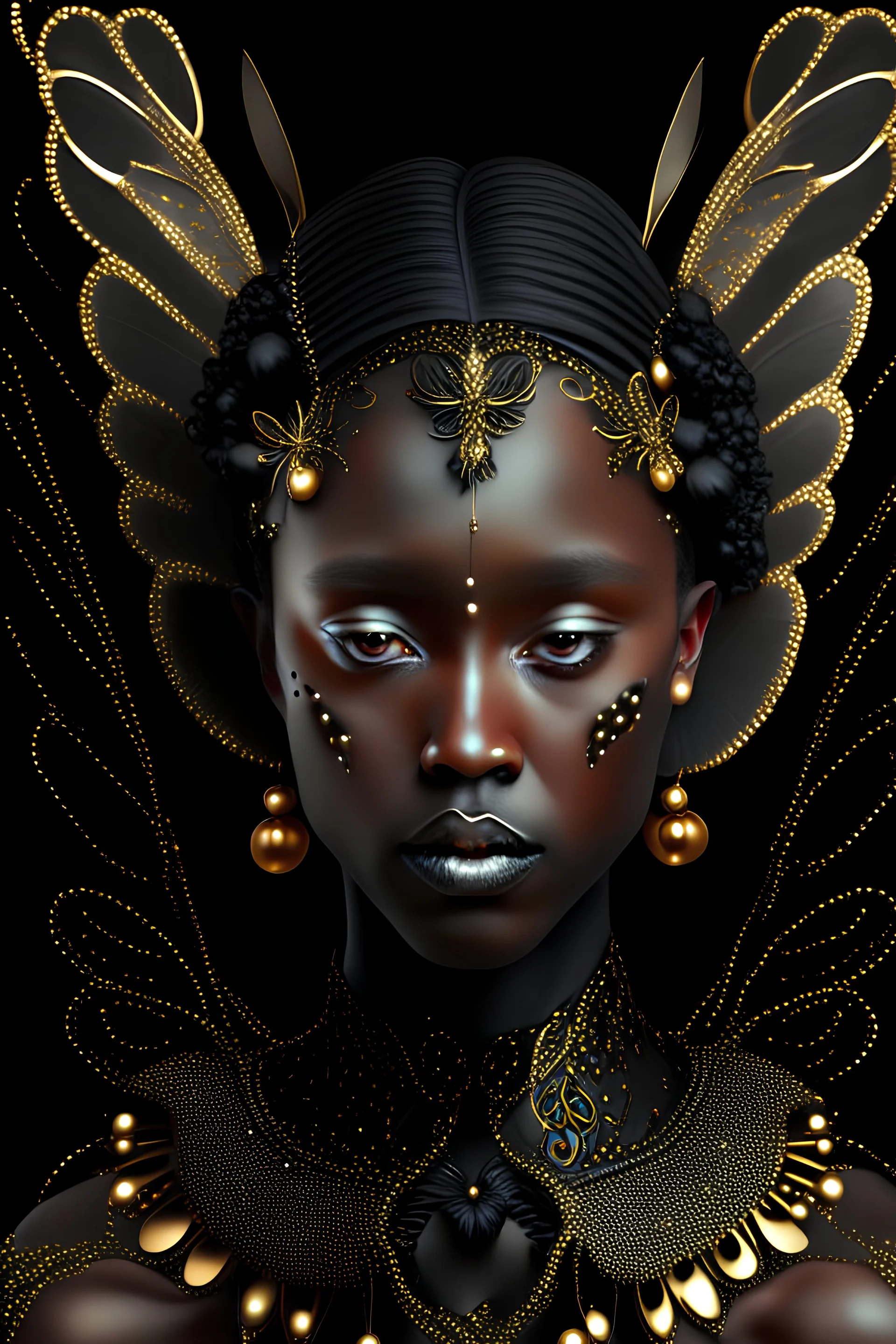 A beautiful vantablack woman christmas angel portrait with voudore realism adorned with black ladybug headdress ribbed with Golden filigree wings floral embossed and earrings ribbed with black obsidian and white pearls wings metallic golden filigree organic bio spinal ribbed detail of vantablack background extremely detailed hyperrealistic maximálist concept att