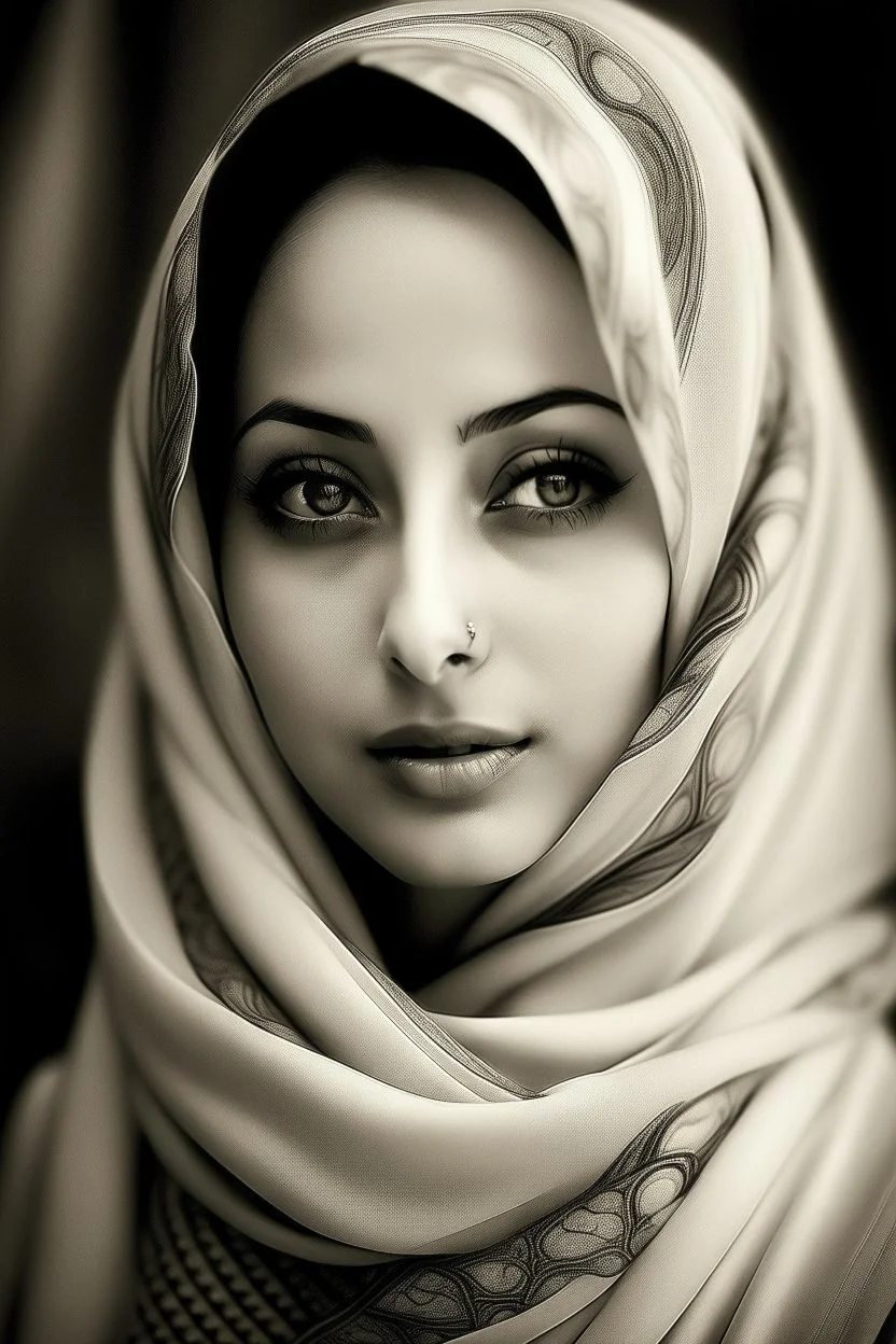 Draw me a picture of my beloved Mays, with beautiful big brown eyes, wearing her hijab, and with smooth, white skin