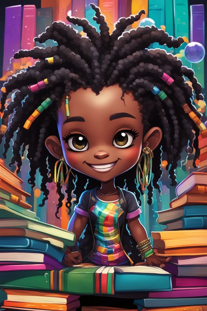 A sassy futurism ABSTRACT colorful art cartoon black chibi girl troll LOOKING DOWN, surrounded by colorful BOOKS. Looking up coyly, she grins widely, showing her Teeth. Highly detailed black shiny dread locs , regal expression.