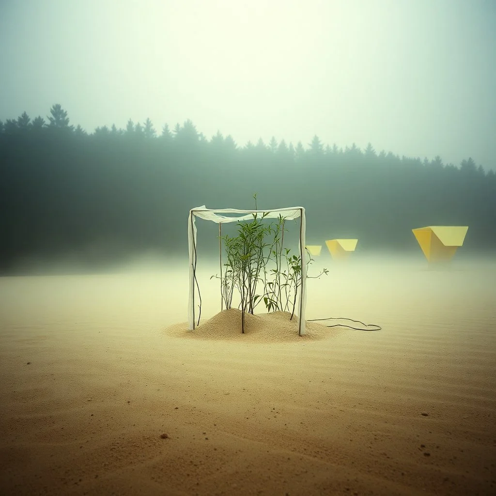 A photo of a closed environment in a dark closed space. In the background there is a forest. Più piani si intersecano. At the center, a structure made of plastic. Plants, clouds. Max Ernst. The surface below appears to be sandy, with small accumulations of sand, scorrere dell'infinito. Fog, powder. In the background, other forms or structures are visible, pastel colors, yellow. The photo was taken with a Hasselblad H6D 400c camera.