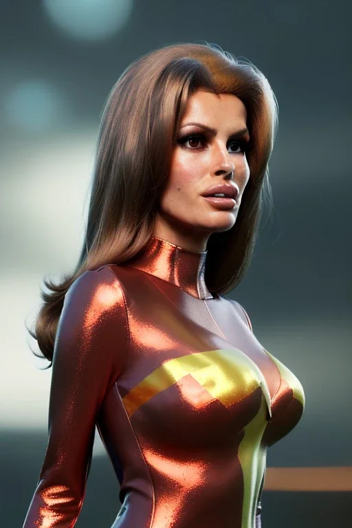 Portrait, Raquel Welch, Ultra realistic, retro futuristic style, Science Ninja Team Gatchaman style, wide angle view, soft color, highly detailed, unreal engine 5, ray tracing, RTX, lumen lighting, ultra detail, volumetric lighting, 3d, finely drawn, high definition.