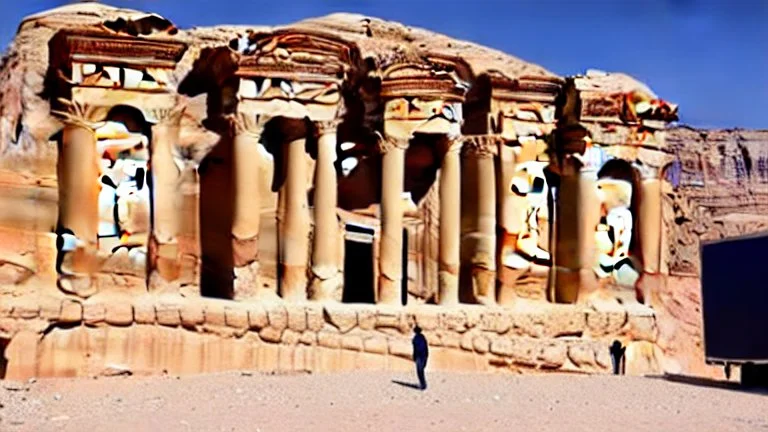 A Tesla semi-truck is parked, at Petra, in Jordan. CINEMATIC. WIDE ANGLE LENS.