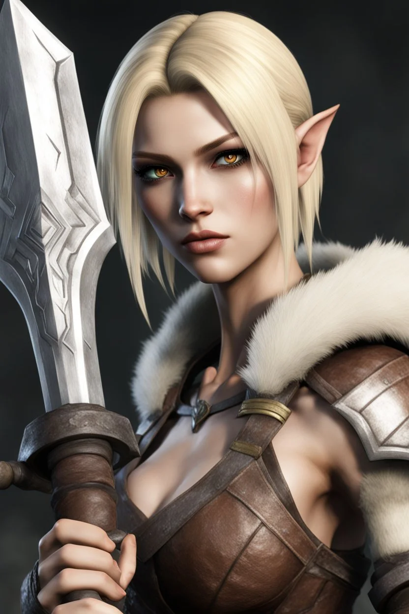 A female bosmer barbarian from Skyrim with dark brown eyes, blonde, short hair, holding orcish maul in hands, in the style of Tite Kubo's Bleach