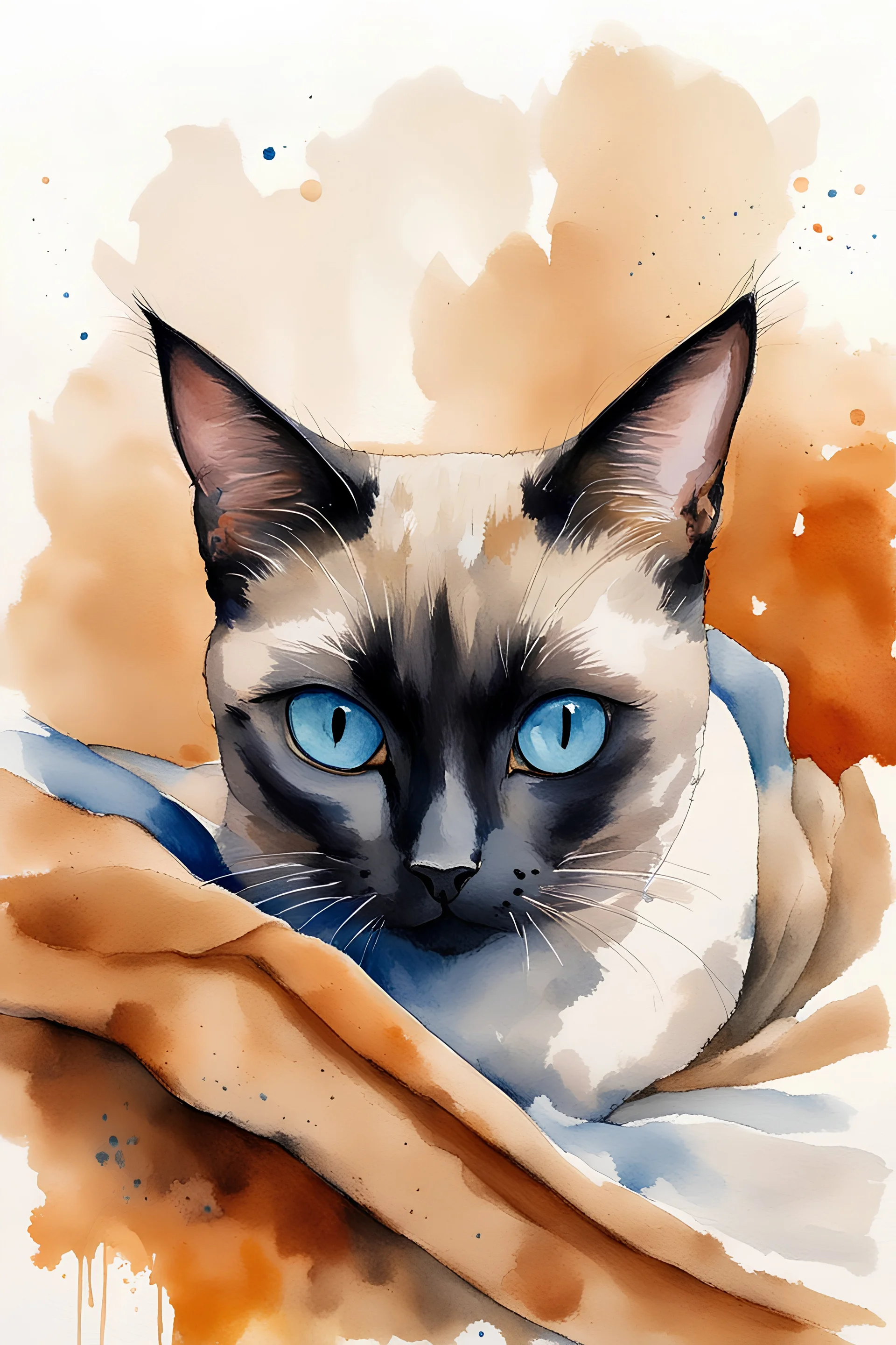 painting of a siamese cat with a black snout and blue eyes lying on the ground, peeking out from underneath a blanket, the cat is in the centre of the picture taking up only one third of the image, in watercolour, in the background an orange wall, splatter, art, aquarell, pastell, ink, soft, lots of white negative space around the outside of the picture, white outlines, full shot