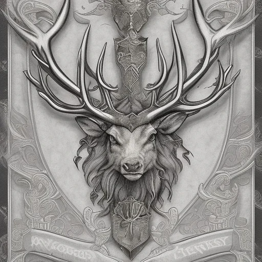 coat of arms of an elvish forest city with a stag horn on it, very detailed