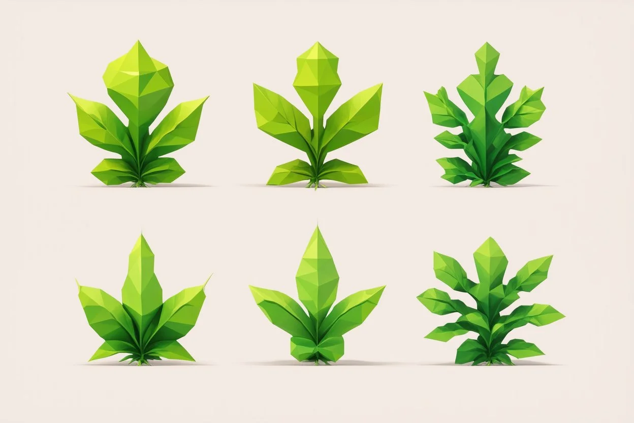concept art of six low poly stylized alien dry single leaf plant on a neutral background. Strange fictional extraterrestrial flora with unusual shapes