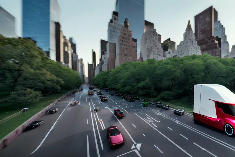A Tesla 'Semi' (semi truck) is going at a high speed, in 'Central Park' in New York City. (CINEMATIC, WIDE ANGLE LENS, PHOTO REAL)