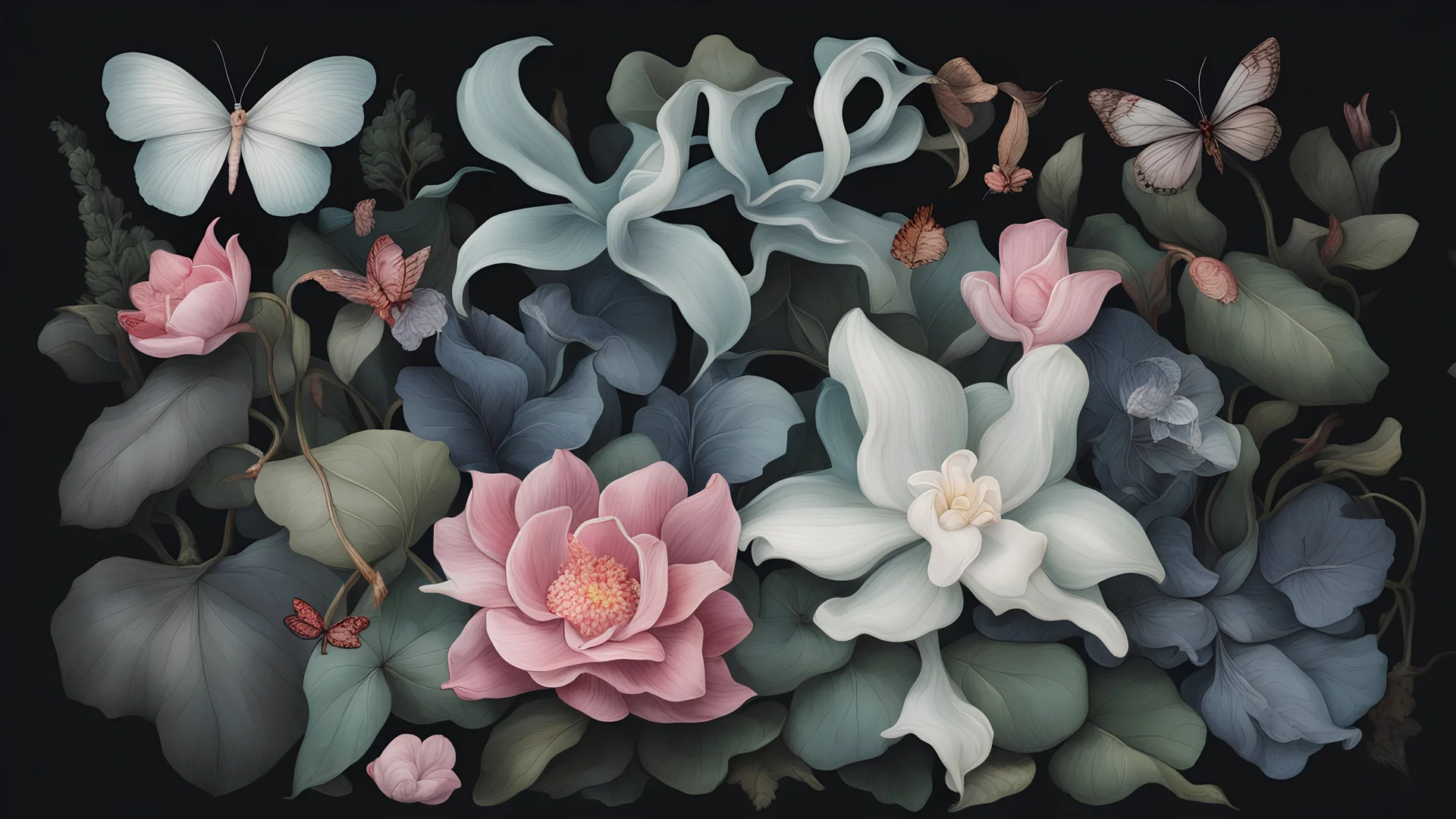 Floral composition of Jade Vine, ghost orchid, Lotus, Camellia japonica, Banksia, Dicentra Formosa, assorted leaves, and butterflies on a deep dark background