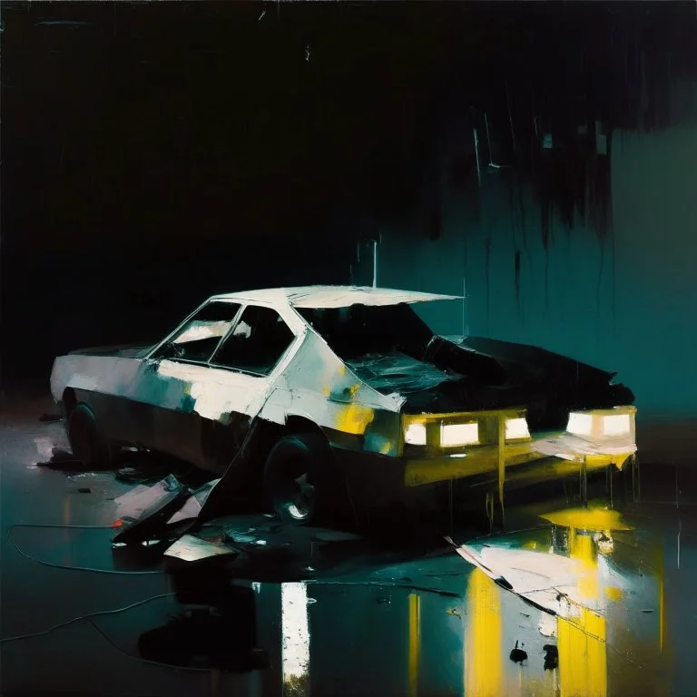 Minimal abstract oil paintings car andconcrete fragments illuminated at night style of Justin Mortimer