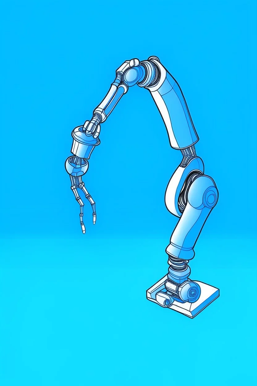 Draw a cover image. What it's about is an elongated flexible robotic arm with flexible joints that are drawing a three-dimensional model. The three-dimensional structure of the robot arm should be filled with color. The background is a blue gradient background.