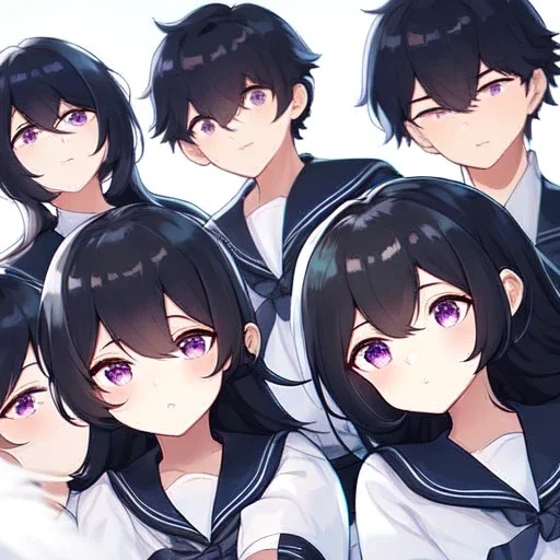 Clear focus, High resolution,a anime kid, roughline skecth, cute, cartoony style,interesting hair between eyes,black hair,, fluffy hair,long bangs,purple eyes, front view, background is space with stars, wearing a black sailor uniform, extreme close up