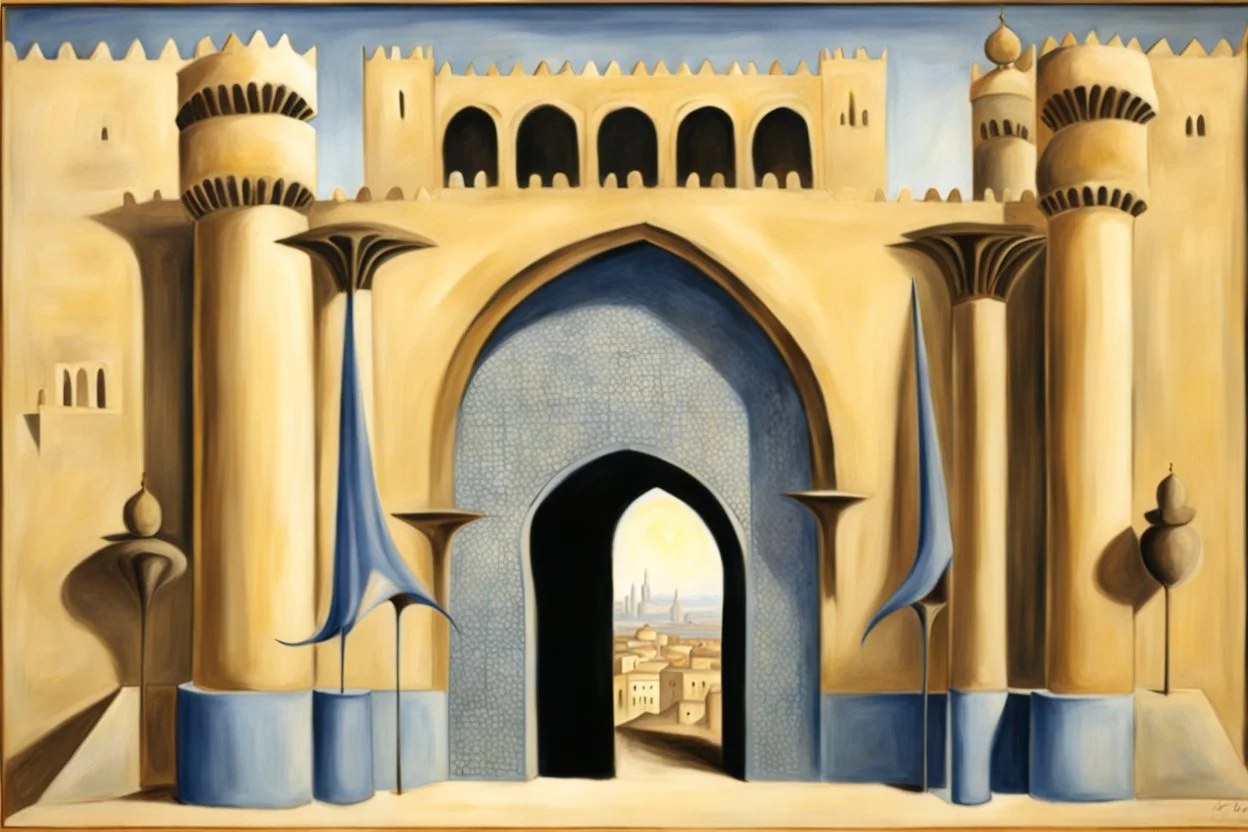 an open gothic_arab gate in a blue-tiled wall with a view of an old city by artist "de Chirico",by artist "Leonora Carrington"