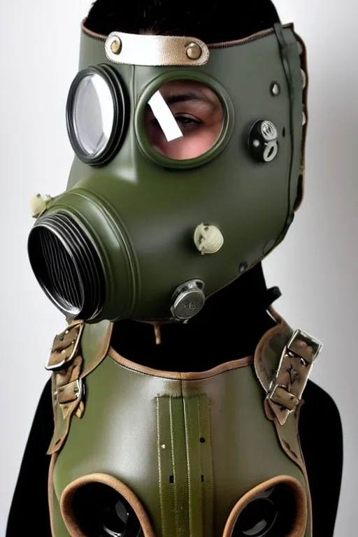 Steam-punk style gas-mask. Large fencing mask covers chin and cheeks. Hood. Reflective surface on face, full coverage, reflective. No eyes. Head full of integrated old-fashioned cameras and phone. Army green surfaces body, latex. Perfect body, thick thighs and calves. Asa Akira's body. Wide hip, skirt bleats nicely. Partly symmetrical. Straitjacket. Rusty and decayed background. Steam-plunge air-bottles. Euclidean 3D-tiling walls. 5th dimensional surface structures. Oppressive atmosphe