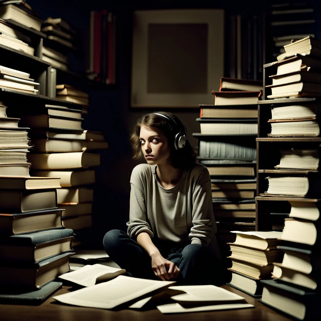 As the music begins, a young woman sits alone in a dimly lit room, surrounded by stacks of dusty books and papers. She looks lost in thought, her eyes fixed on a single spot on the wall as she listens intently to the low-quality recording on the tape player in front of her. The noise and distortion of the recording seem to match the turmoil in her mind, as she struggles to make sense of the confusing and conflicting ideas swirling around her. As the male vocal enters, the woman's eyes flicker u