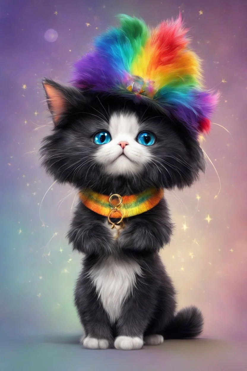 a cute character rainbow cat, has black fluffy hair with a rainbow pattern, the cat is a sorceress, has a magical witch hat on head, which looks photorealistic, celebrating new year , happy