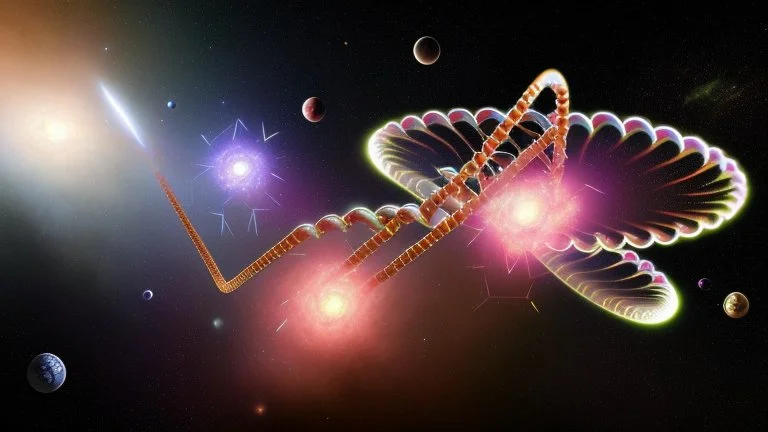 DNA double helix floating in space with the stars and planets