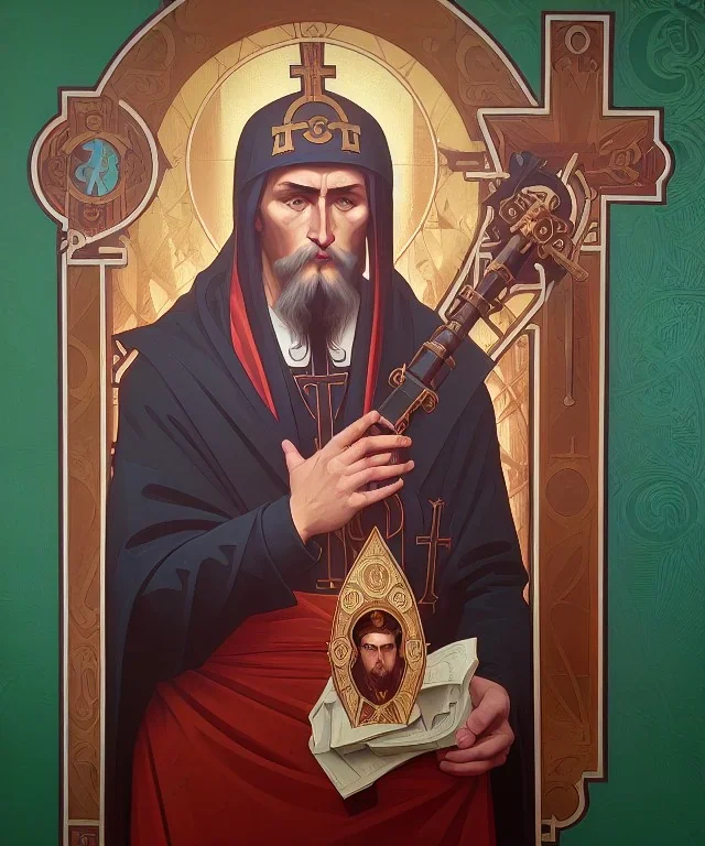 orthodox old icon with saint, patron of photographers. he is holding a camera in one hand and 35mm film in the other. Cyrillic inscriptions are the names of photographic brands. hyperdetailed, Alphonse Mucha, Zdzisław Beksiński, poster, illustration, ink, oil on canvas, 18th century atlas