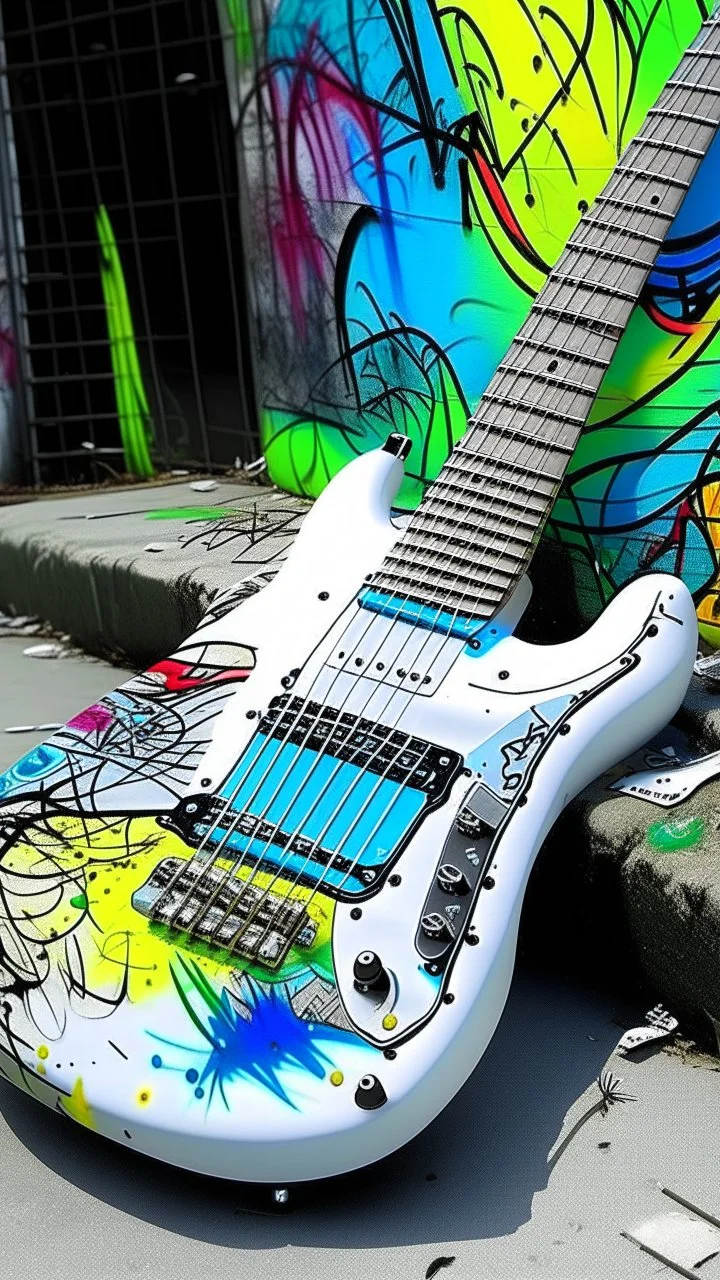 A white electric guitar , graffiti art, splash art, street art, spray paint, oil gouache melting, acrylic, high contrast, colorful polychromatic, ultra detailed, ultra quality, CGSociety, plant based skink,