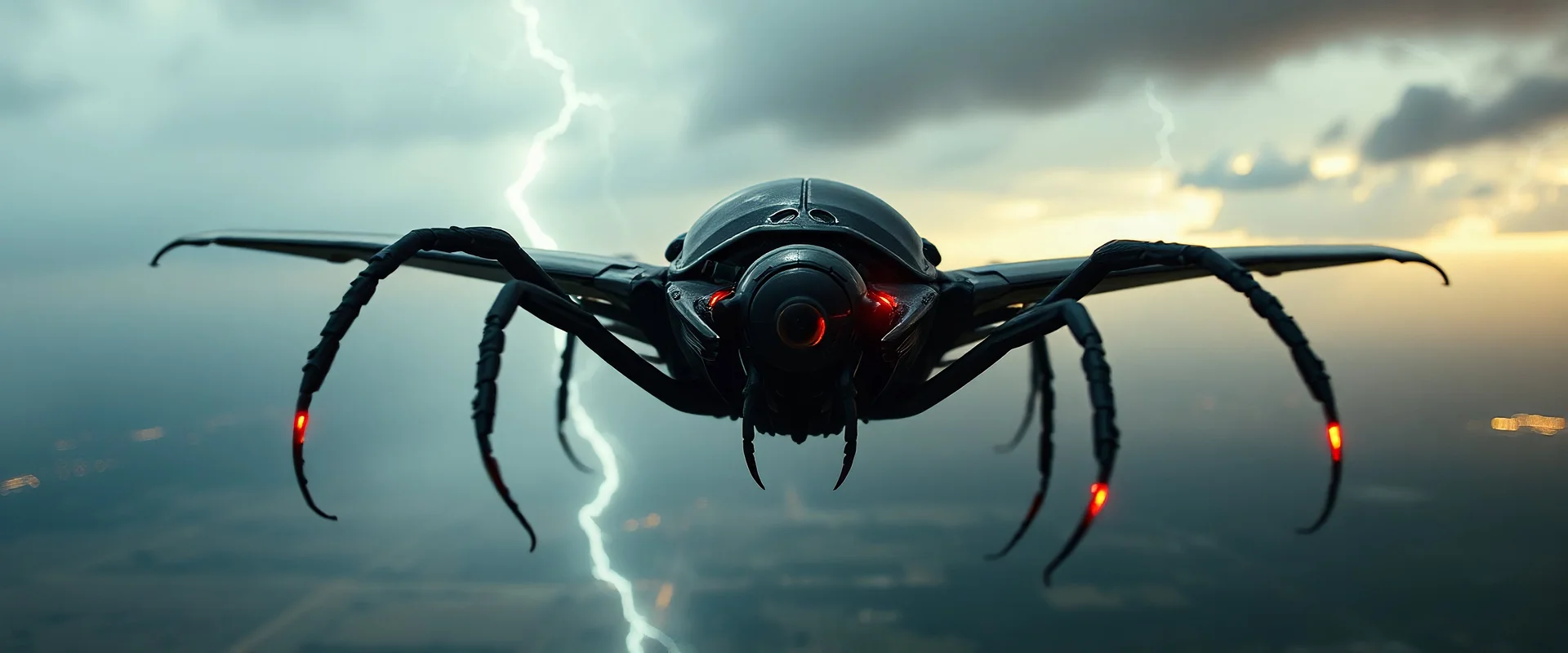 a high definition screen shot of a jet-fighter vw-beetle, retrofuturistic, phototrealism, in flight, one subject, thunderstorm enterprise Macabre Rapture End of days Revelation scene, grim reapler with 8 spider like eyes and a central eye to see else.