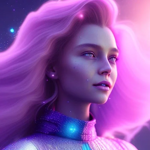 A portrait of a crystalised girl,smiling, longs blond hairs, galactic dress, atmospheric, realistic, cinematic lighting, octane render, purple and blue light, nebula