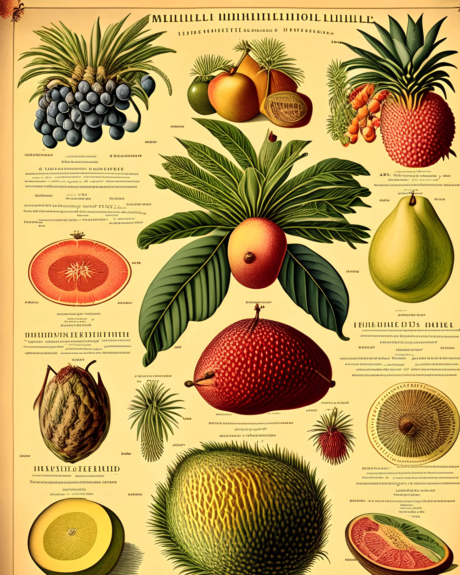 an accurate instructional chart featuring various types of tropical fruit in the style of Millot, Haeckel and a vintage encylcopedia color copperplate illustration