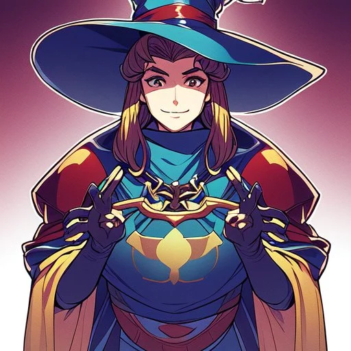 retro anime style, warrior, helmet, witch robe, expression smiling, portrait