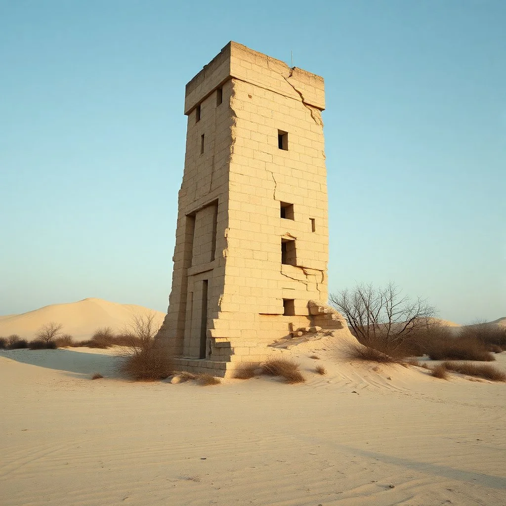 Fotografia di una torre moderna brutalista, che sembra . La struttura è erosa e inglobata dal paesaggio naturale, come se il tempo o l'ambiente avessero iniziato a "riassorbirla". L'atmosfera è desolata e surreale, con un ambiente circostante spoglio e sabbioso hasselblad h6d400c