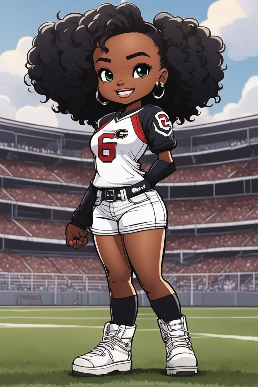 A sassy thick-lined comic book art cartoon image of a black chibi girl standing in front of a football stadium. She is wearing a Georgia Bulldogs football jersey with tight white jeans and timberland boots. behind her curvy body. Looking up coyly, she grins widely, showing sharp teeth. Her poofy hair forms a mane framing her confident, regal expression. Prominent makeup with hazel eyes. Hair is highly detailed.