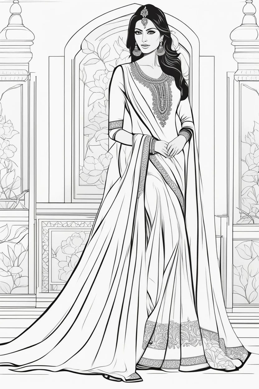 Coloring page for adults of a elegant fashion model woman wearing hindi dress, dynamic poses, full body portrait, thick and clean lines, clean details, no-color, no-turban, no-background, non color, non shading, no-grayscale, dynamic poses, full body portrait, thick and clean lines, clean details, no-color, no-turban, , non background, non color, non shading, no-grayscale, no color hair