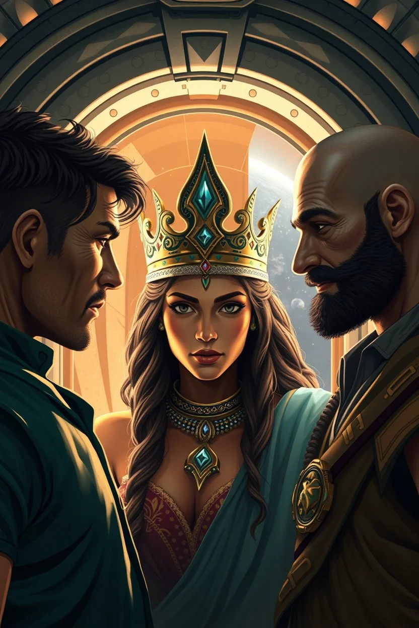 Two men and one genasi woman pretty with a crown close to spaceship open door