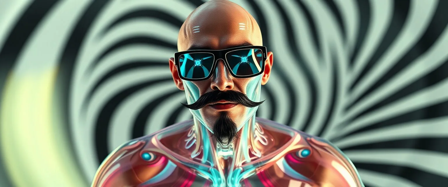 cyber jobe, flying yoga magic , lawn mover man movie character, portrait of upper body of cool transparent guy made with nano tape and with shades and mustache and bald head, saw blade beholder eye tyrant flating beholder kin with eyes on each saw blade tooth saying something profound, hypnotic zebra twirl background, with chrome reflections, like he is floating in a giger cartoon