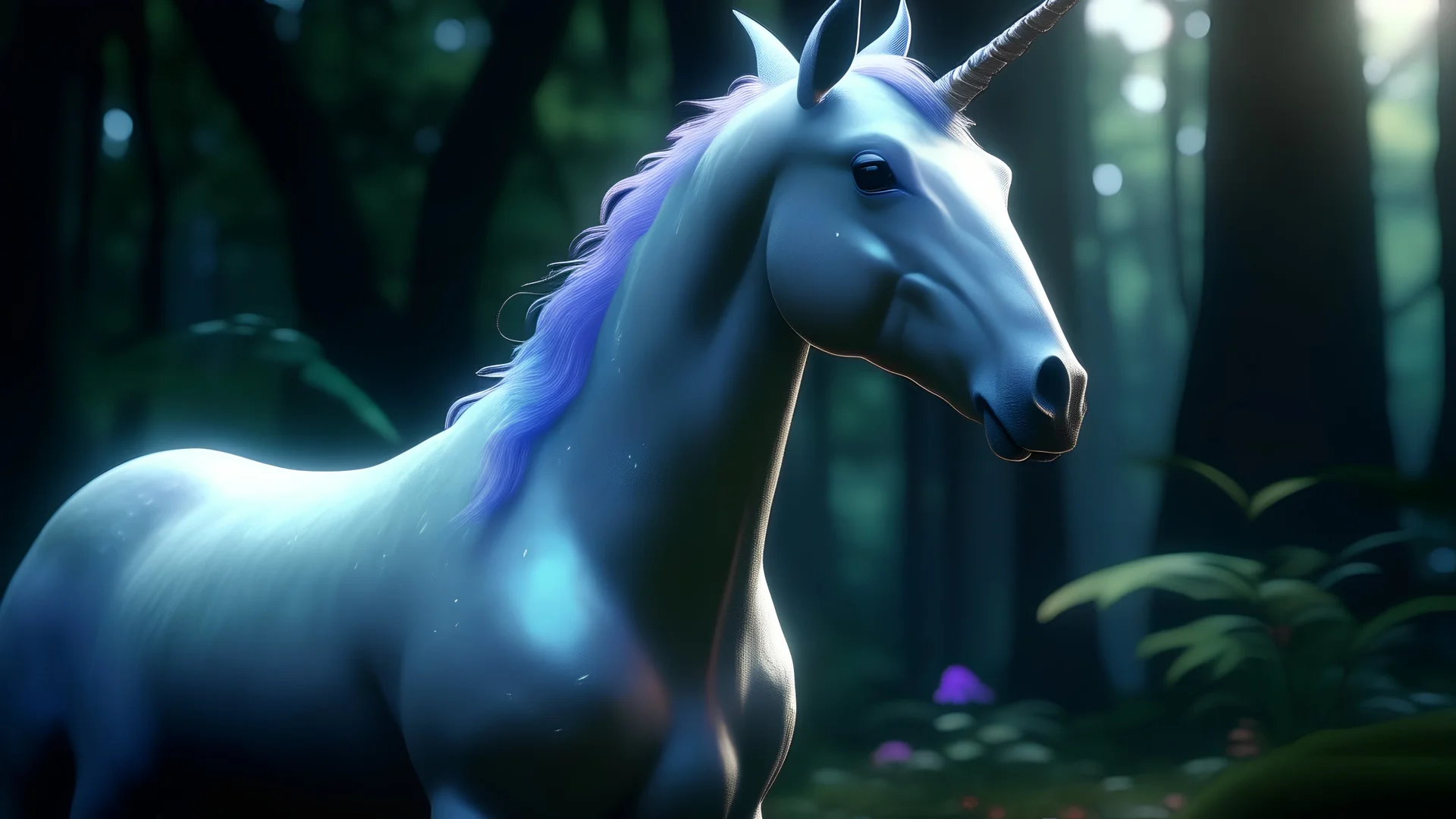 magestic unicorn, amazon rainforest, bokeh, unreal engine, photorealism, pastel colours, dynamic lighting, 4k