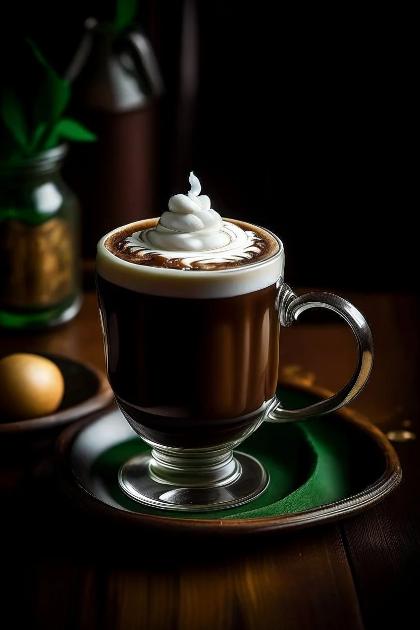 A cozy pub on a rainy day, a steaming mug of Irish coffee in hand. The rich, creamy foam swirls with hints of nutmeg and cinnamon, inviting you to take a sip and warm your soul.