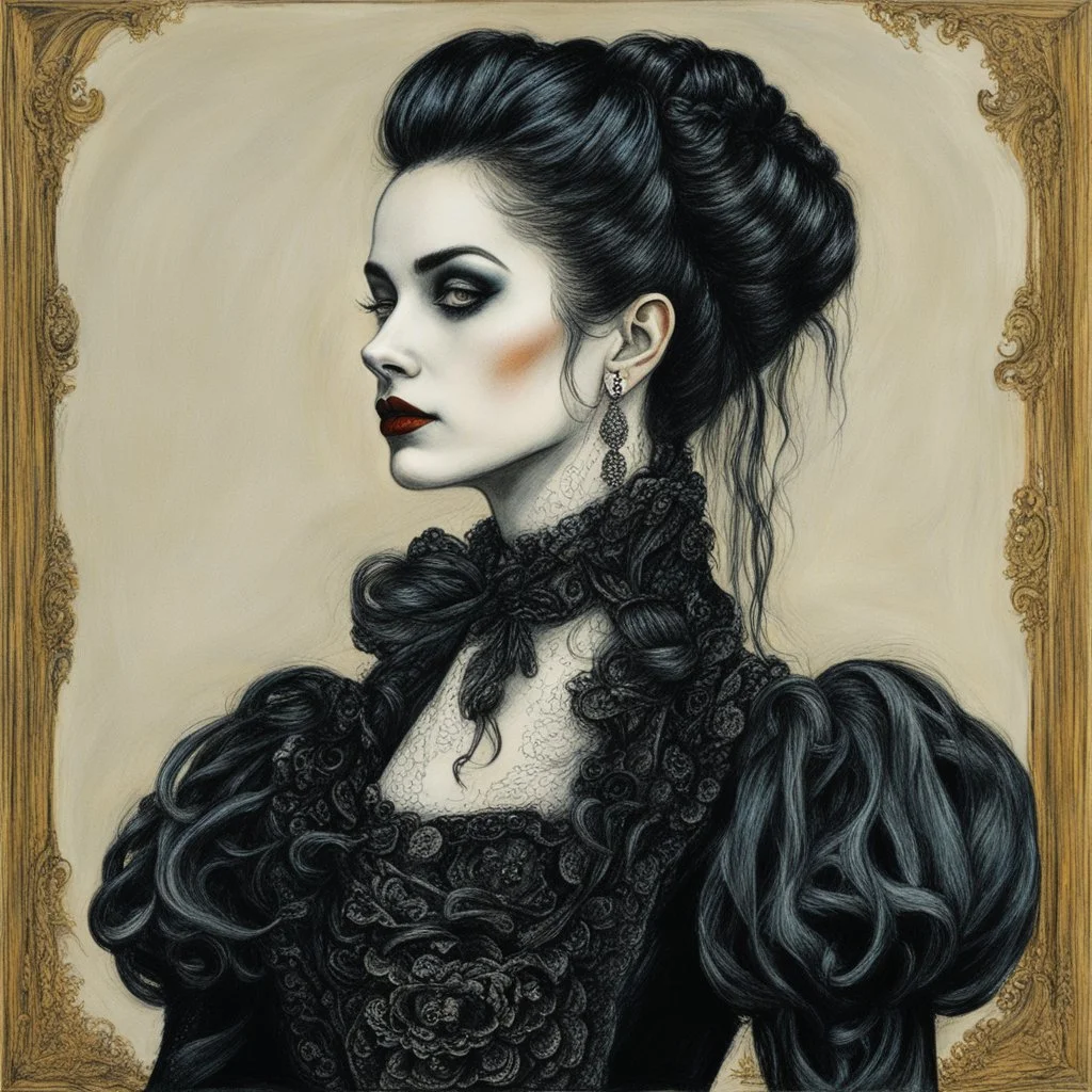 create a 3/4 profile, full body oil pastel of a dark haired, savage, ornately dressed, gothpunk vampire girl with highly detailed , sharply defined hair and facial features , in a smokey 19th century drawing room in the style of CHILDE HASSAM, and JOHN SINGER SARGENT