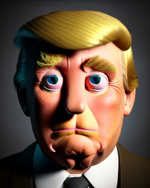 Waist up Portrait, Donald trump muppet, Sesame Street style, retro style, photo studio, unreal engine 5, god lights, ray tracing, RTX, lumen lighting, ultra detail, volumetric lighting, 3d.