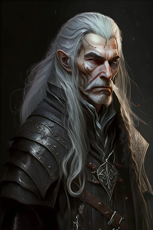 ancient grizzled, gnarled elf mage, he has long, grey hair streaked with black and sharp cheekbones. His eyes are black. He wears weathered medieval leather clothes. he is lean and tall, with pale skin, full body with thigh high leather boots