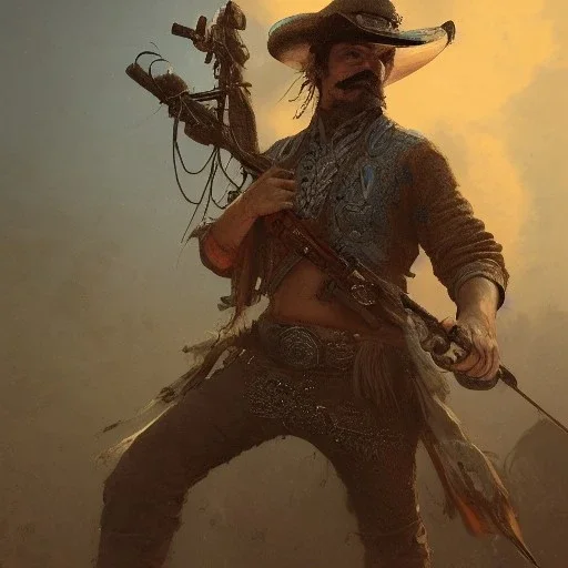 Insanely detailed photograph of an “ a mustachioed cowboy warrior "with sequenceed Sombrero, handsome charo,cigar,crossbow in hand, hyperdetailed painting by Ismail Inceoglu Huang Guangjian and Dan Witz CGSociety ZBrush Central fantasy art album cover art,8K, hdr, mysterious, flickeringlights ,Stoic