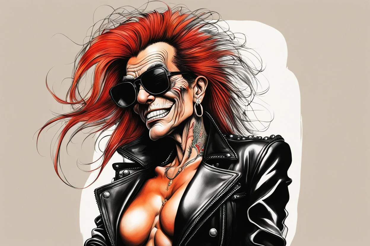 create a full body, seductive, female heavy metal singer with highly detailed and refined facial features, clothed studded leather, in the caricature cartoon style of Gerald Scarfe and Ralph Steadman, precisely drawn, boldly inked, vividly colored, 4k