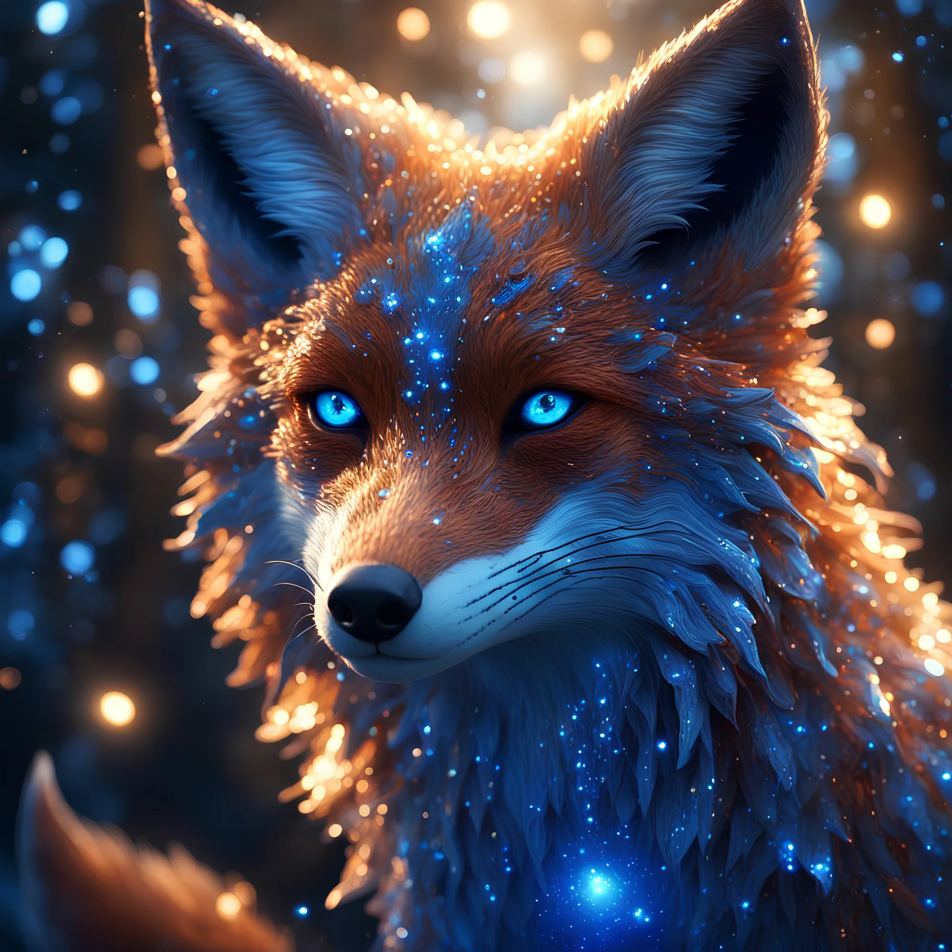 fox spirit in covered in blue falmes, vicious beast, glowing eyes,, deep colors, high contrast, vibrant colors, depth of field, glitter, sparkle particles, 16k resolution photorealistic, masterpiece, breathtaking intricate details, realistic and lifelike cgi, dramatic natural lighting, reflective catchlights, high quality CGI VFX fine art