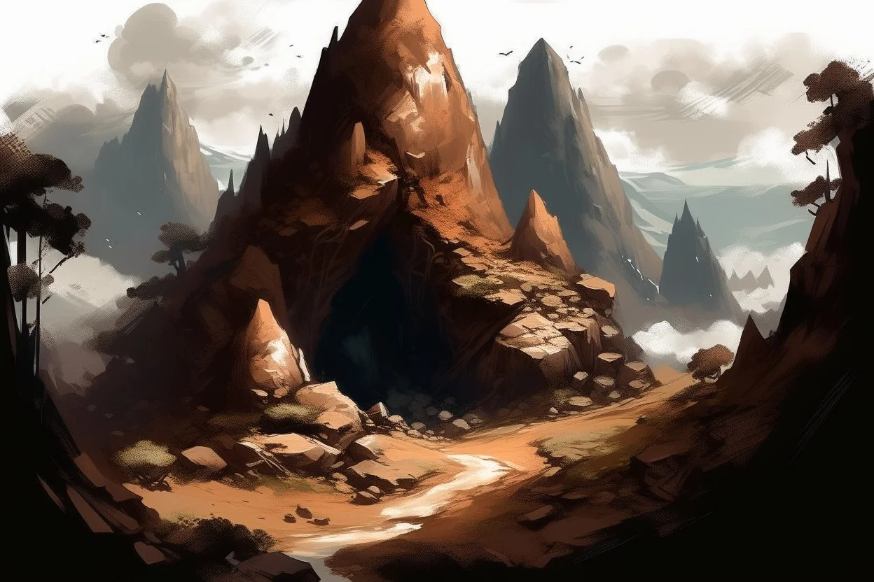 A brown mountain with a rocky cave painted by Xul Solar