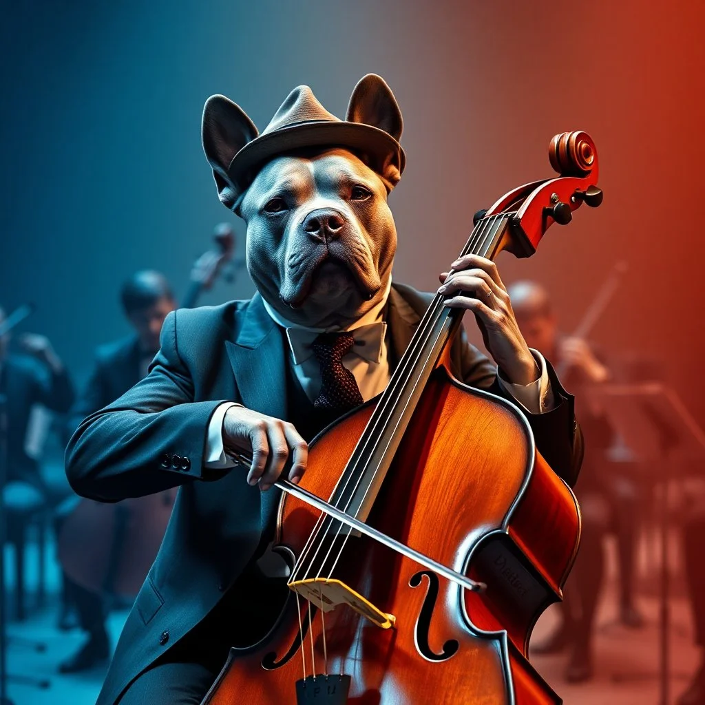 a gray pit bull twearing a hat and a nice suit playing the cello in the centre .of a big orchestra background with a smooth gradient in warm blue tones,