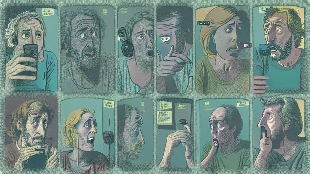 8 panels showing 8 different 40 year old addicts talking on the phone