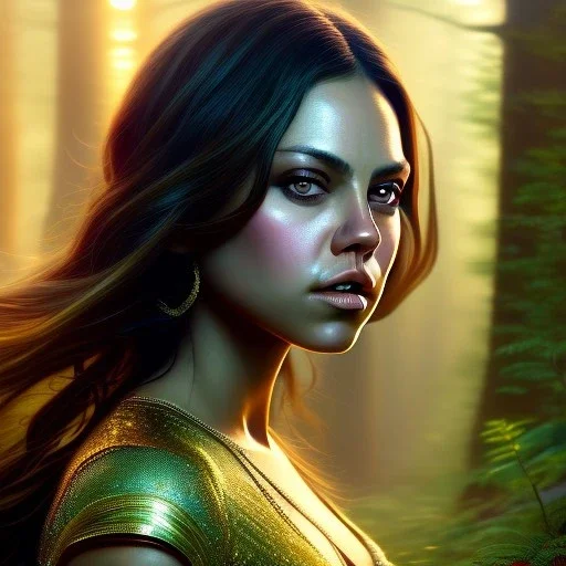 a beautiful closeup portrait of mila kunis, magical forest background, serene colors, dramatic light, gorgeous view, depth, high detail, digital art, painted by seb mckinnon and greg rutkowski, trending on artstation