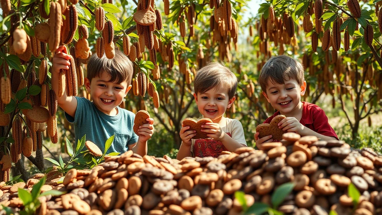 Young children harvesting chocolate biscuits from biscuit bushes, bushes are laden with all kinds of chocolate biscuits hanging from the branches, happy, delighted, piles of biscuits, sunshine, octane render, 16k post-production, artstation: award-winning: atmospheric: commanding: clarity: ultra quality: striking: brilliance: stunning colors: amazing depth; lens: f/16, 28mm