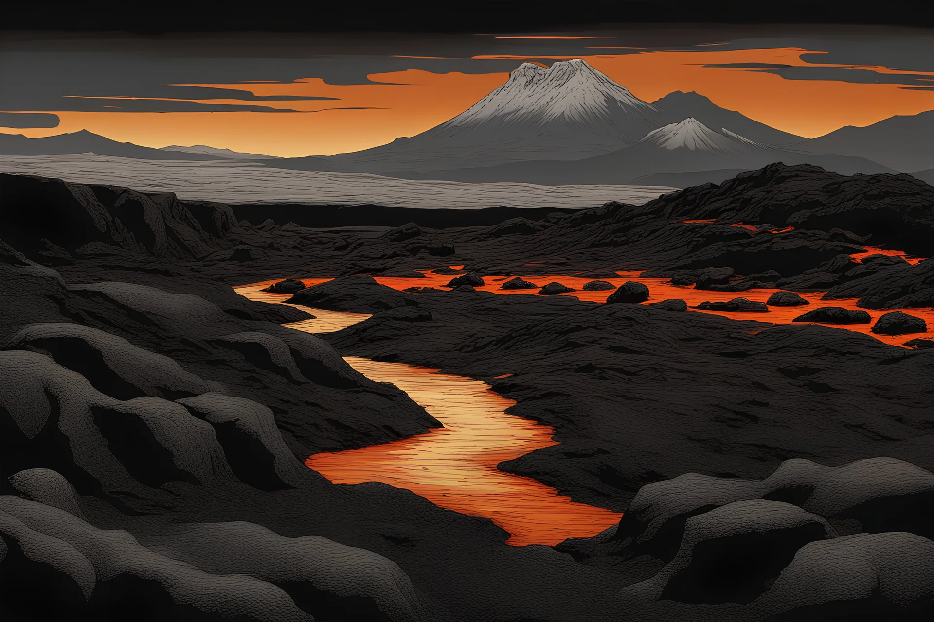 Journey into a desolate landscape where volcanic activity has shaped the terrain with rivers of lava, black sand, and patches of basalt. the ground is covered in rugged black soil and volcanic ash. Occasional outcrops of basalt. Utilize bold brushstrokes and strong contrasts to depict the rugged textures and dramatic lighting of the volcanic landscape. Warm hues of glowing lava contrast with the cool tones of the blackened earth Acrylic painting, dramatic lighting, volcanic landscape